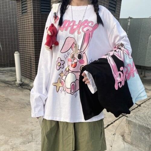Harajuku Autumn All-match Long-sleeved T-shirt Female Student Loose Bunny Print T-shirt Cute Womens Tops O-Neck Woman Tshirts