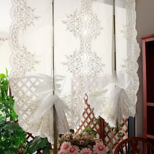 American-style Pull-up Curtains Gold Line Embroidered Tulle Curtain for Window Decor Pastoral Kitchen Curtains Voile Curtain