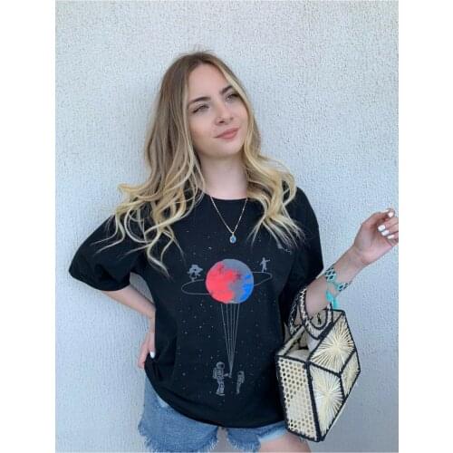Womens Black Saturn Printed Oversize T-shirt