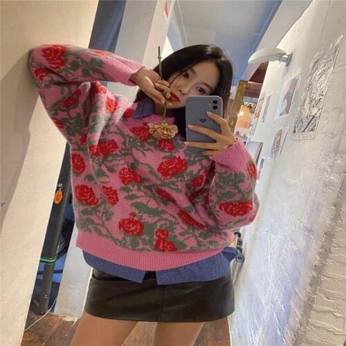 Chic Korean Floral Print Sweet Sweaters for Ladies Elegant Fashion Pink Cute Sweater 2020 Winter Fashion Pullovers for Women
