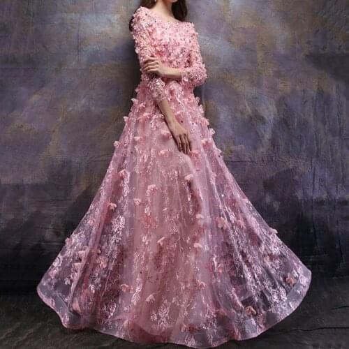 Elegant Boat Neckline Long Sleeves Evening Gown Pink Lace Flowers Formal Prom robe de soiree Floor Length Wedding Party Dress