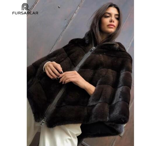 FURSARCAR Denmark Real Mink Fur Poncho With Fur Hood Warm Women Winter Fashion Mink Fur Cape Luxury Genuine Leather Coats Shawl