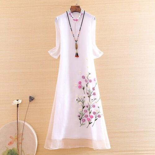 Hi-end Summer 2020 Women Mesh Cheongsam Dress Embroidery Chrysanthemum Elegant Lady Chinese Style A-line Party Qiapo Dress S-XXL