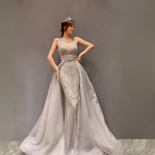 Luxury celebrity sexy v-neck mermaid dresses Beaded Evening Dresses 2021 New style Formal dress Light luxury tulle