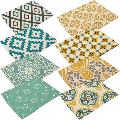 1 Pcs Table Mat Geometric Printed Yellow Blue Red Mandala Styles Placemat Linen Tablewear Pad Home Dinning Table Decor