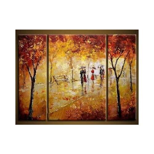 3pcs Hand Painted Park In Autumn III-Modern Canvas Art Wall Decor-Landscape Oil Painting Wall Art