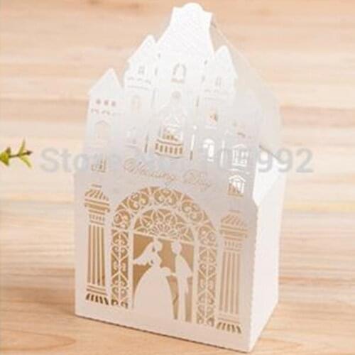 4.5*8*14cm White Castle candy box Wedding Favor package in Pearlescent Paper Bride & Groom candy package 50pcs