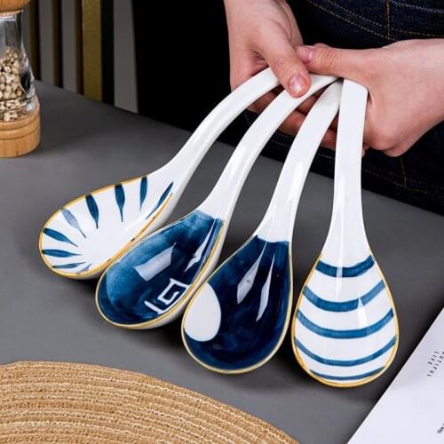 Long Hanle Large Ceramic Soup Spoons Household Kitchen Tableware