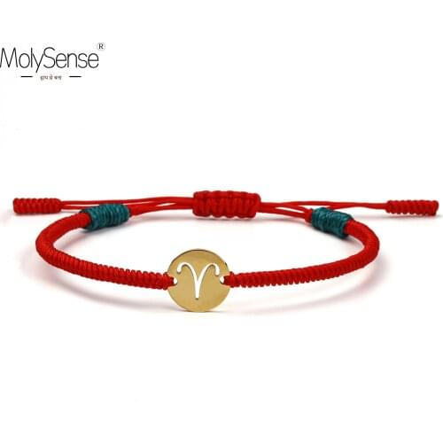 MolySense Aries Handmade Golden Color 12 Constellation Zodiac Stainless Steel Charm Bracelets For Women Men Wax Macrame Bracelet