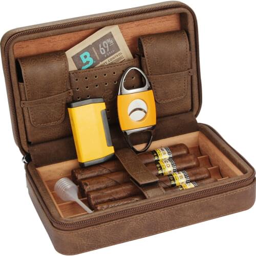 Galiner Travel Cigar Case Leather Humidor Box With Lighter Cutter Cigar Accessories Set Cedar Cigar Humidor Boveda Humifier Bag