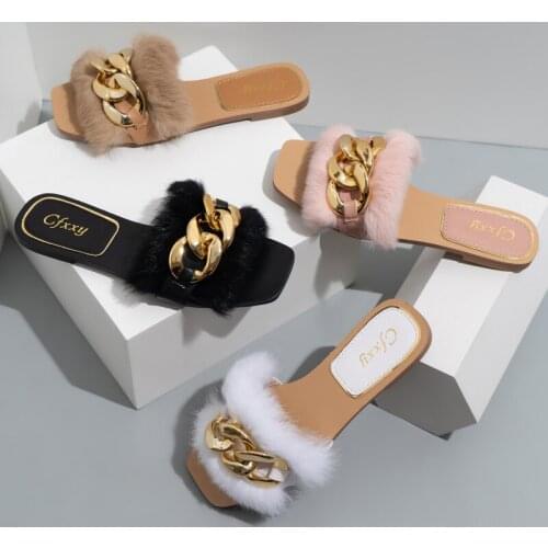 Designer Womens Slippers Fur Large Womens Sandals Casual Women Flat Shoes Chain Womens Beach Shoes Home Slipper Damen Pumps