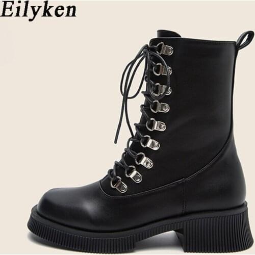 Eilyken Ankle Boots Women Platform PU Leather Round Toe Lace-Up Zipper Closure Autumn Winter Shoes Thick Sole Handmade Female