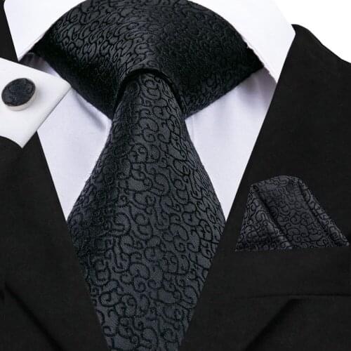 Hi-Tie Mens Black Tie Silk Floral Ties Set for Men Handkerchief Cufflinks Set Wedding Pary Business Luxury Neck Tie Set SN-3040