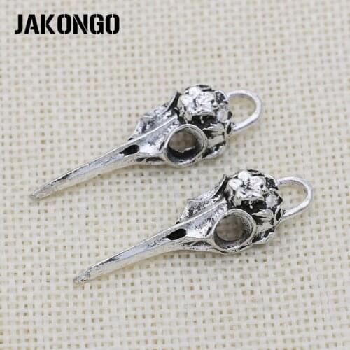 JAKONGO Antique Silver Plated Bird Skull Charms Pendant for Jewelry Making Bracelet Accessories DIY Handmade 40x12mm 5PCS/lot