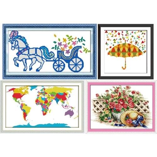 Carriage&world map&lower hat&colorful umbrella 11CT 14CT counted cross stitch kits printed patterns sewing needlework embroidery