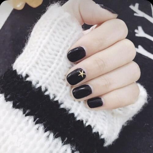 Beautiful 24pcs black pure color with starfish rivet decoration UV gel false nails short size gel full nail tips cute fake nails