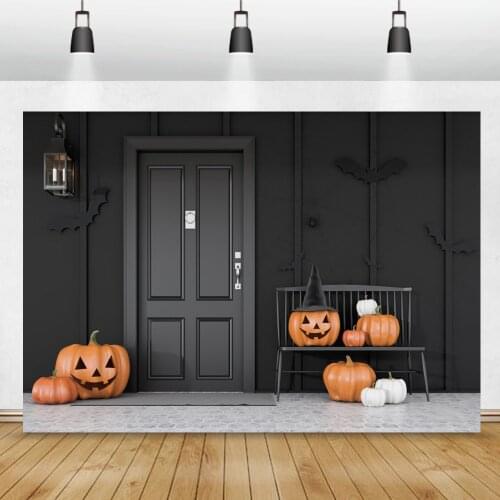 Laeacco Halloween Pumpkins Grimace Black Wood Door Chic Wall Scene Child Kids Shoot Party Photography Background Photo Backdrop