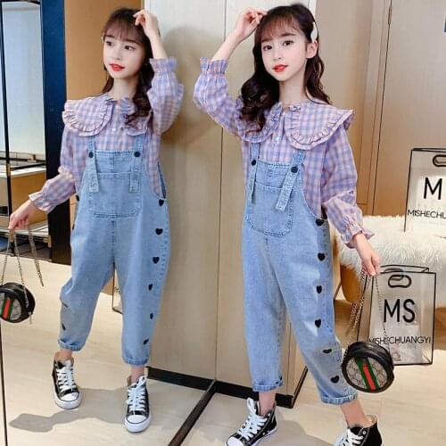 Fashion Autumn Baby Girl Sets Clothes Plaid Long Sleeve Shirt and Denim Pants Overall Children Jeans Outfits 2 Pieces Suit J83