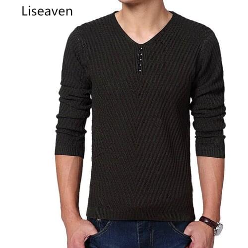 Liseaven Autumn Winter Mens Solid Color Sweater V-Neck Pullovers Mens Pull Homme Clothing Men Sweaters