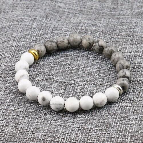 Natural Stone White Howlite Marble With Grey Stone Bead Bracelet For Men Fashion Personality Elastic Charm Bracelet