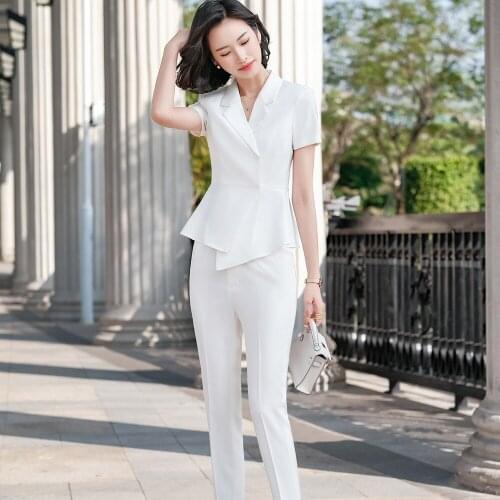 New Summer Female Elegant Womens Pants Suit White Black Blazer +Trouser Bussiness Jacket Office Lady 2 Pieces Set Plus Size 5XL