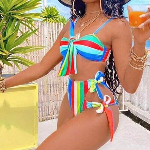 New Bikini Stripe Priting Drawsting High Waist Swimwear Sexy Women Split Type Two Pieces Sets Swimsuit Bathing Suit /40