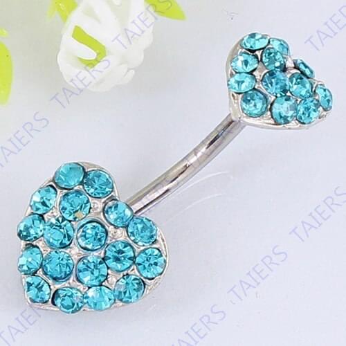Double Heart Crystal belly bar body piercing jewelry Retail Lady Navel ring 14G 316L surgical steel bar Nickel-free