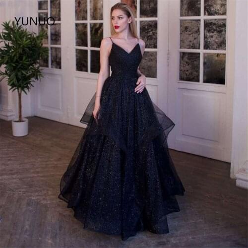 YUNUO Bling Bling Sequins Prom Dress Tiered Tulle Evening Gowns Floor Length A Line vestidos de fiesta Dresses Party Women