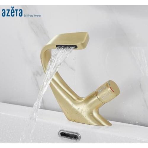 Azeta New Color Brushed Gold Basin Faucet Brass Bathroom Faucet Single Handle Waterfall Basin Sink Mixer Tap torneira AT7816BG