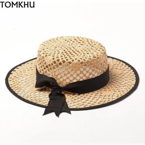 New Handmade Hollow Rafia Straw Hat Black Ribbon Bow Decoration Flat Top Classical Top Hat Casual Fedora Luxury Hats For Women