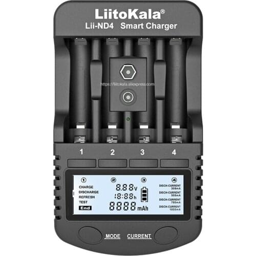 LiitoKala Lii-ND4 NiMH/Cd charger LCD display and test battery capacity suitable for 1.2V AA AAA and 9V batteries