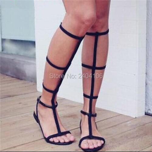 Women Shoes Summer 2018 Beach Long Boots Black Leather Narrow Band T-Strap Buckled Sandalias Mujer Casual Flat Gladiator Sandals
