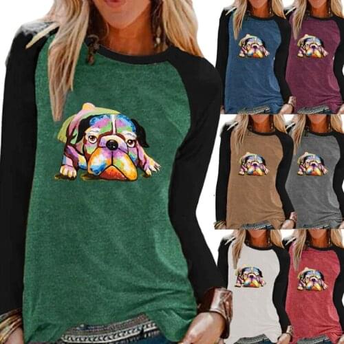 Ladies Autumn Fashion Cartoon Dog Print Casual Round Neck Long Sleeve Pullover Top Loose Raglan Sleeve Elegant Shirt Plus Size