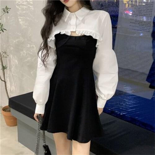 Spring 2021 Women Two-piece Dress Sets Long-sleeved Short White Shirt Cape&A Line Suspender Black Mini Dress Suits 2pc Outfits