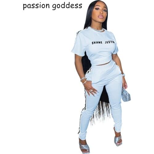 Women Casual Tracksuit Summer Two Piece Set Short Sleeve Letter Print T Shirt Top and Drawstring Stripe Pant 2 Suit 2021 Outfits