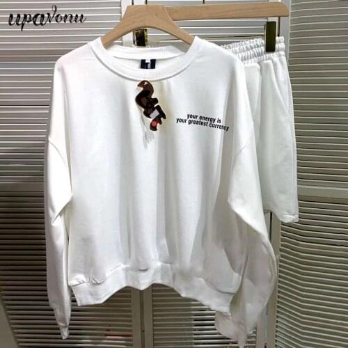 Free Shipping 2021 New Womens Loose Letter Sports Set Casual O-neck Long Sleeve Suit Sweater & Shorts Ladies Two-piece Set