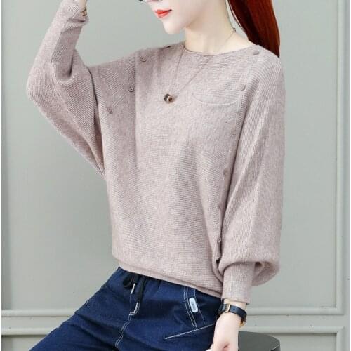 Batwing Fall 2020 Knitted Pullover Women Casual Autumn Warm Pullovers Tops With Button O-Neck Femme Loose Pull Jumper