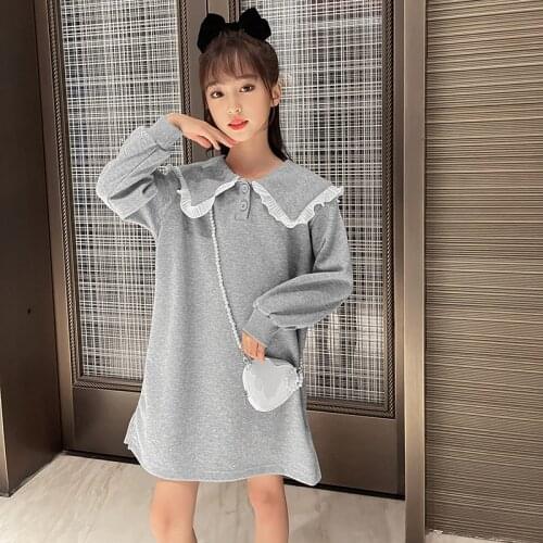 Girls Lace Collar Hoodie Dress 3-13 Years Old Girls Pullover Lapel Hoodie Fashion All-match Loose Casual Top Gray and Black