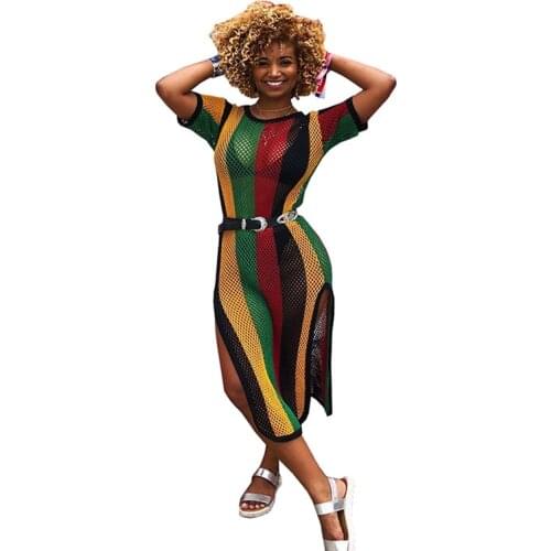 No belt 2018 Striped Print Hollow Out Mesh Summer Dresses Lady women fashion sexy Bandage casual nightclub Midi dress TS789