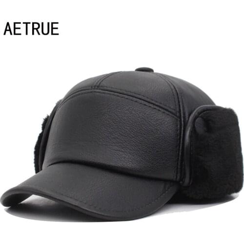 AETRUE Winter Baseball Cap Men Snapback Black Leather Earflaps Dad Hats For Men Women PU Bone Gorra Casquette Solid Male Hat Cap