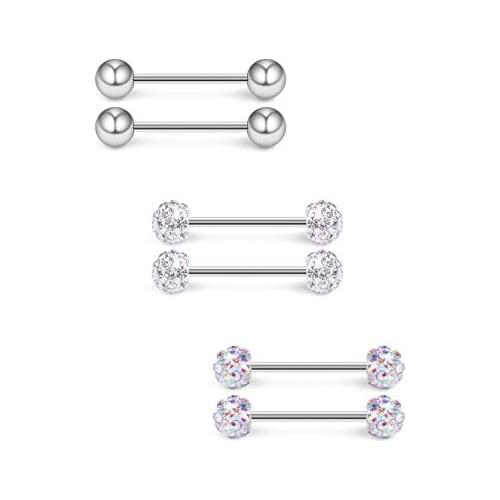 14G Crystal Ball Nipple Tongue Tongue Shield Ring & Stainless Steel Straight Barbell Body Piercing Jewelry