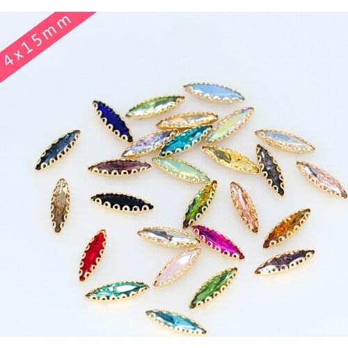 24 Color 4*15 Sew On Navette Horse Eye shape glass crystal sew on rhinestones with Golden Lacyc law Diy wedding dress decoration