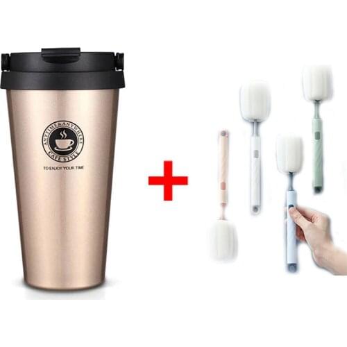 500ml Insulated Coffee Mug Adult Stainless Steel With Cover Tumbler Cup Car Tea Thermos Cup with Handle Send Cleaning Cup Brush