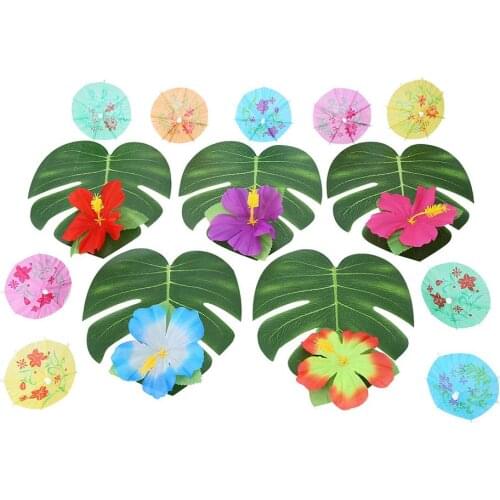 85Pcs Hawaiian Tropical Palm Leaves Hibiscus Umbrella Cocktail Bar Party Decor