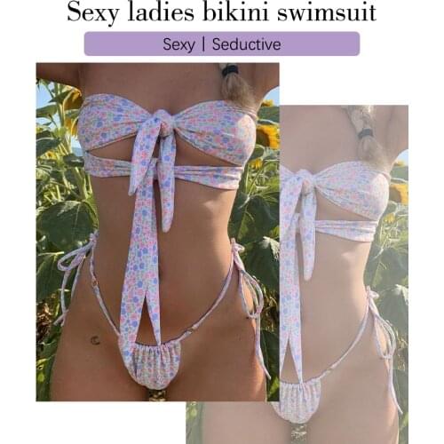 2021 Sexy Floral High Waist Bikini Women bandeau Swimsuit female Hollow Out Swimwear Two pieces set Tie Knot Beach Bathing Suit