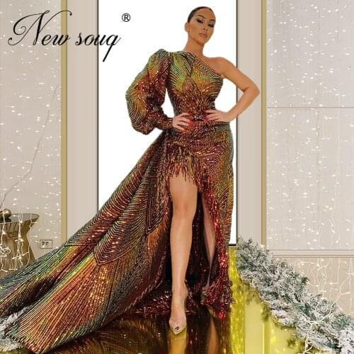 Sparkly Split Silt Side Evening Party Gowns 2020 Vestidos Customize Formal Kaftans Dubai Prom Dresses Long Saudi Arabia Sequins