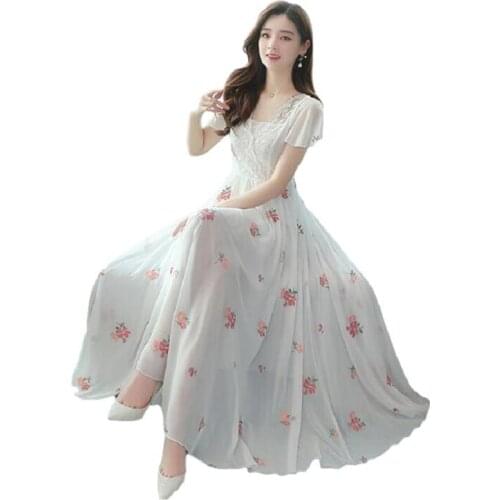 Bohemian Chiffon Dress 2020 New Fashion O-Neck Short-Sleeved Lace Stitching Chiffon Printed Long Slim Slimming Dress