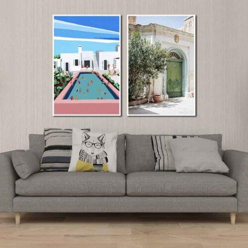 Nordic Style Canvas Painting Poster Print Beautiful House Green Gate Blus Sly Pink Pool for Home Rooms Gallery Wall Decoration
