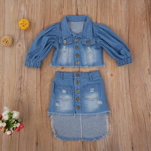 Kids 2Pcs Outfit Clothes Set, Girls Blue Puff Sleeve Open Front Denim Jacket + Irregular Hem Skirt 1-6 Years Spring Autumn