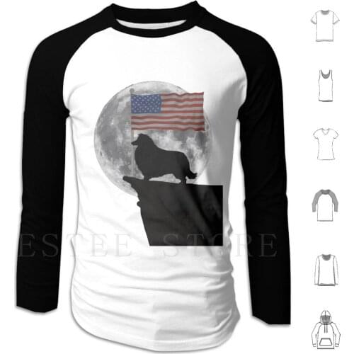 Moon Collie Usa Flag-Funny Collie Design Hoodies Long Sleeve Collie Border Collie Dog Miniature Collie Silhouette